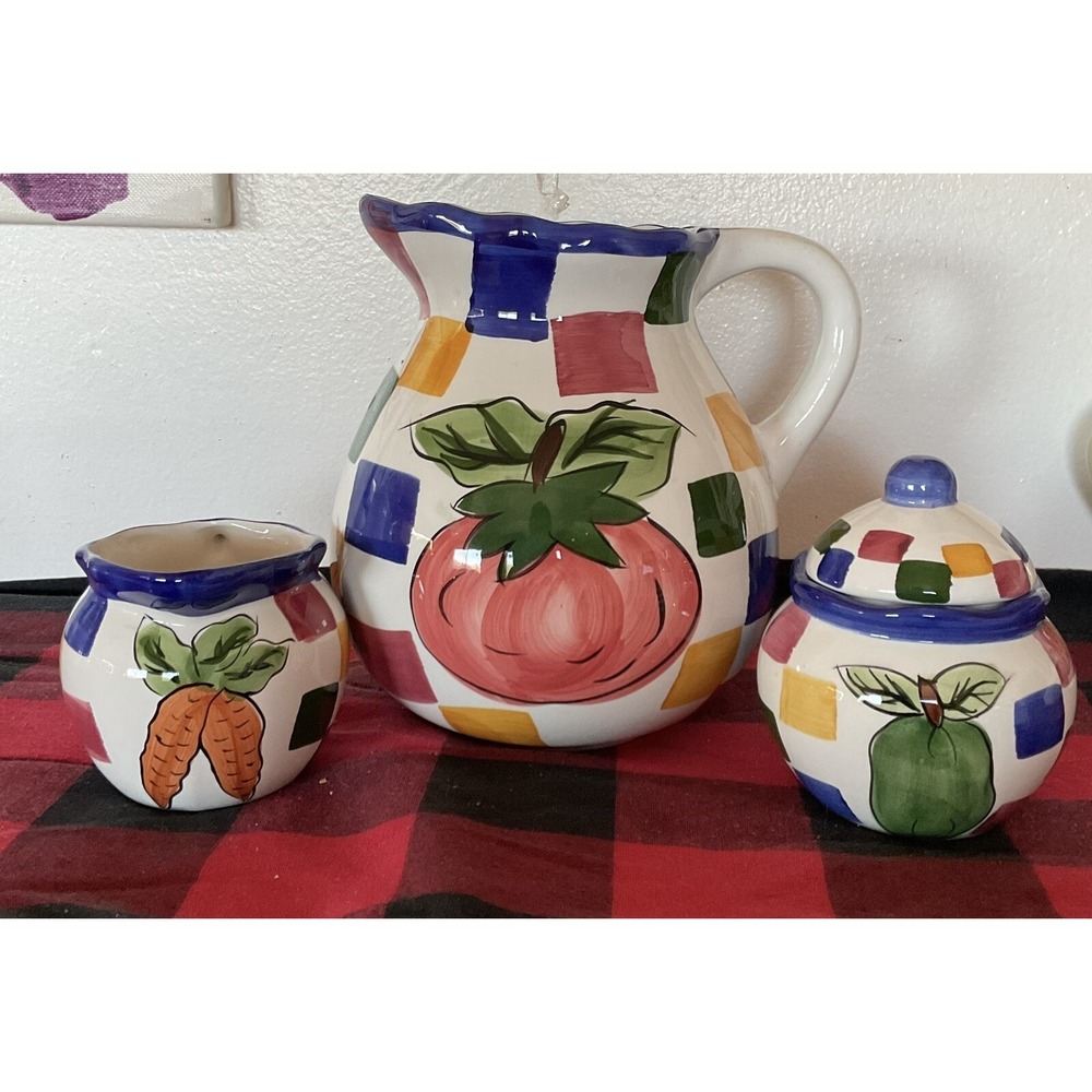 Vintage VERDURA Hand Painted Collection "Garden" Pitcher,‎ Cream, & Sugar 1995